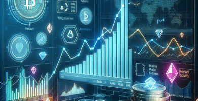 En moderne digital illustrasjon av kryptovaluta-graf med nyhetsfeed-ikoner og volatilitetskurver i norsk fargepalett, futuristisk og informativ