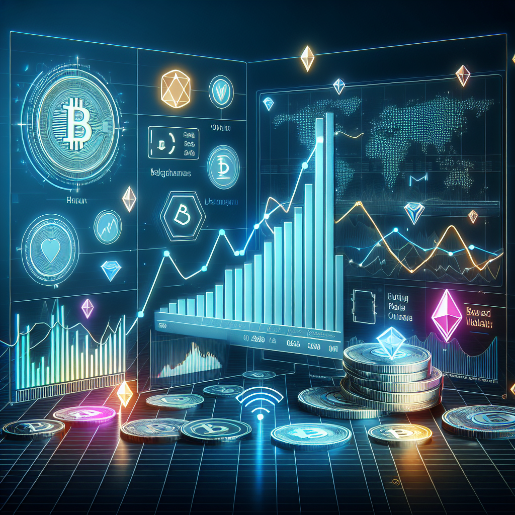 En moderne digital illustrasjon av kryptovaluta-graf med nyhetsfeed-ikoner og volatilitetskurver i norsk fargepalett, futuristisk og informativ