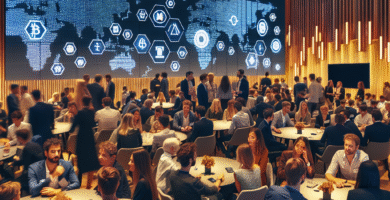 Et levende norsk meetup-miljø for kryptovaluta: mennesker i en moderne konferansesal som diskuterer blockchain på storskjermer, nettverksbygging, varme toner og profesjonell atmosfære