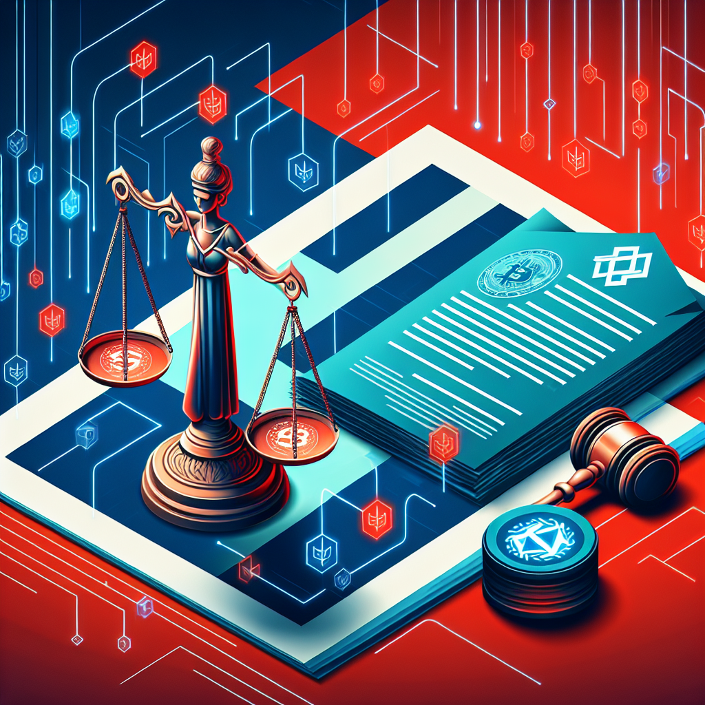 Et oversiktsbilde av norsk kryptomarked og regelverk: norske flaggfarger, en vektbalanse med en blockchain-lenke på den ene siden og et lovdokument på den andre, moderne grafisk stil