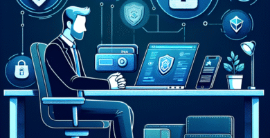 Norsk kryptoinvestor ved skrivebord med hardware-lommebok, laptop og sikkerhetsikoner, moderne stil, blå og grønn fargepalett, tydelig fokus på trygghet
