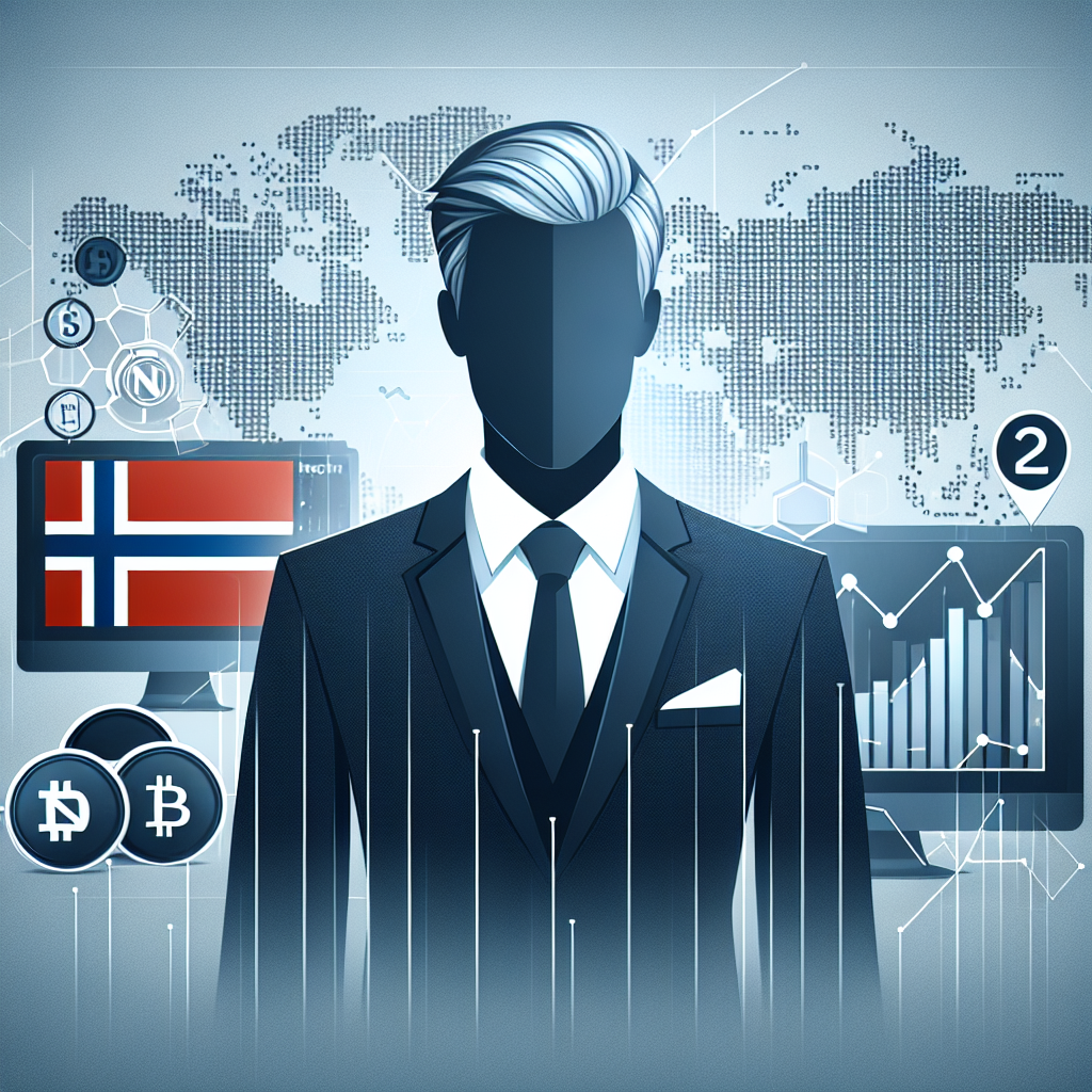En moderne, profesjonell illustrasjon av en norsk trader foran skjermer med kryptodiagrammer, nyhetsikoner og norske elementer i bakgrunnen, nøytrale blå og grå toner
