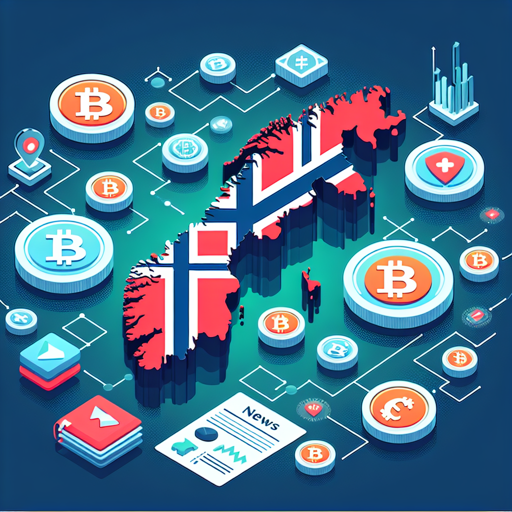 Illustrasjon av norske kryptomarkeder: et kart av Norge med digitaliserte kryptovaluta-symboler, nyhetsikoner, og regulatoriske dokumenter i moderne, flat design